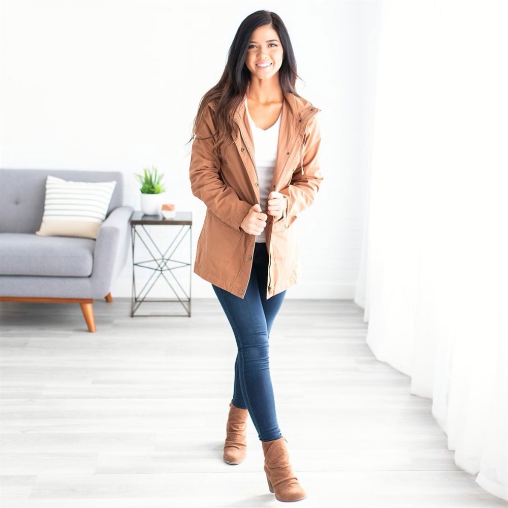 COFFEE Plaid Hooded Utility Jacket S